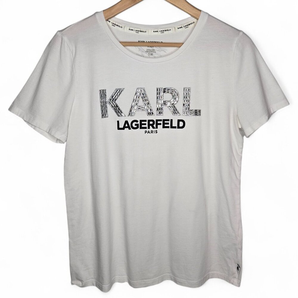 Karl Lagerfeld Paris Metallic Glass Studded Shirt Women's Spell Out Designer M